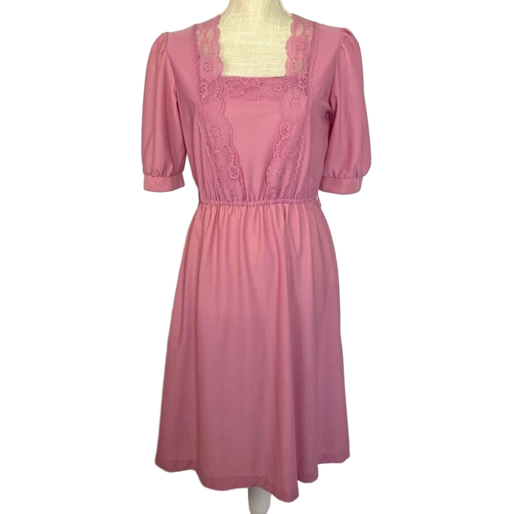 Vintage 70s 80s Pink Mauve Midi Dress Lace Women’s 8 or Small-Medium Stretchy